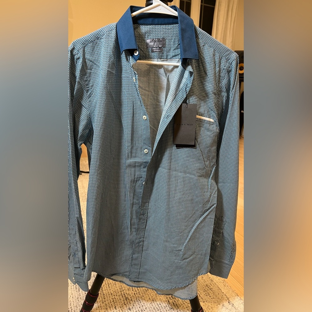 Zara Man Slim Fit Long Sleeve Button Down Blue Print NWT